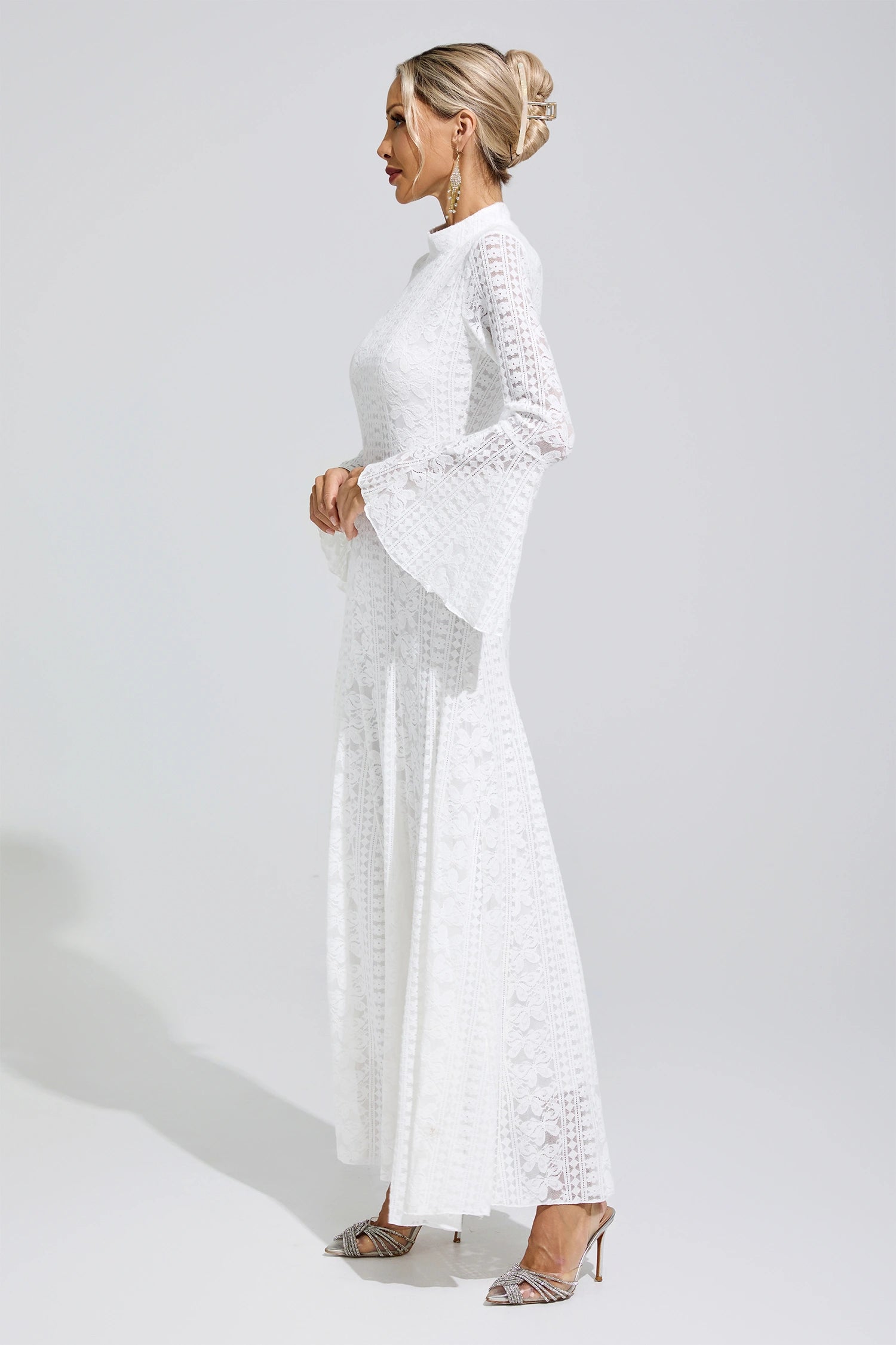 Franka White Flared Sleeve Embroidered Maxi Dress