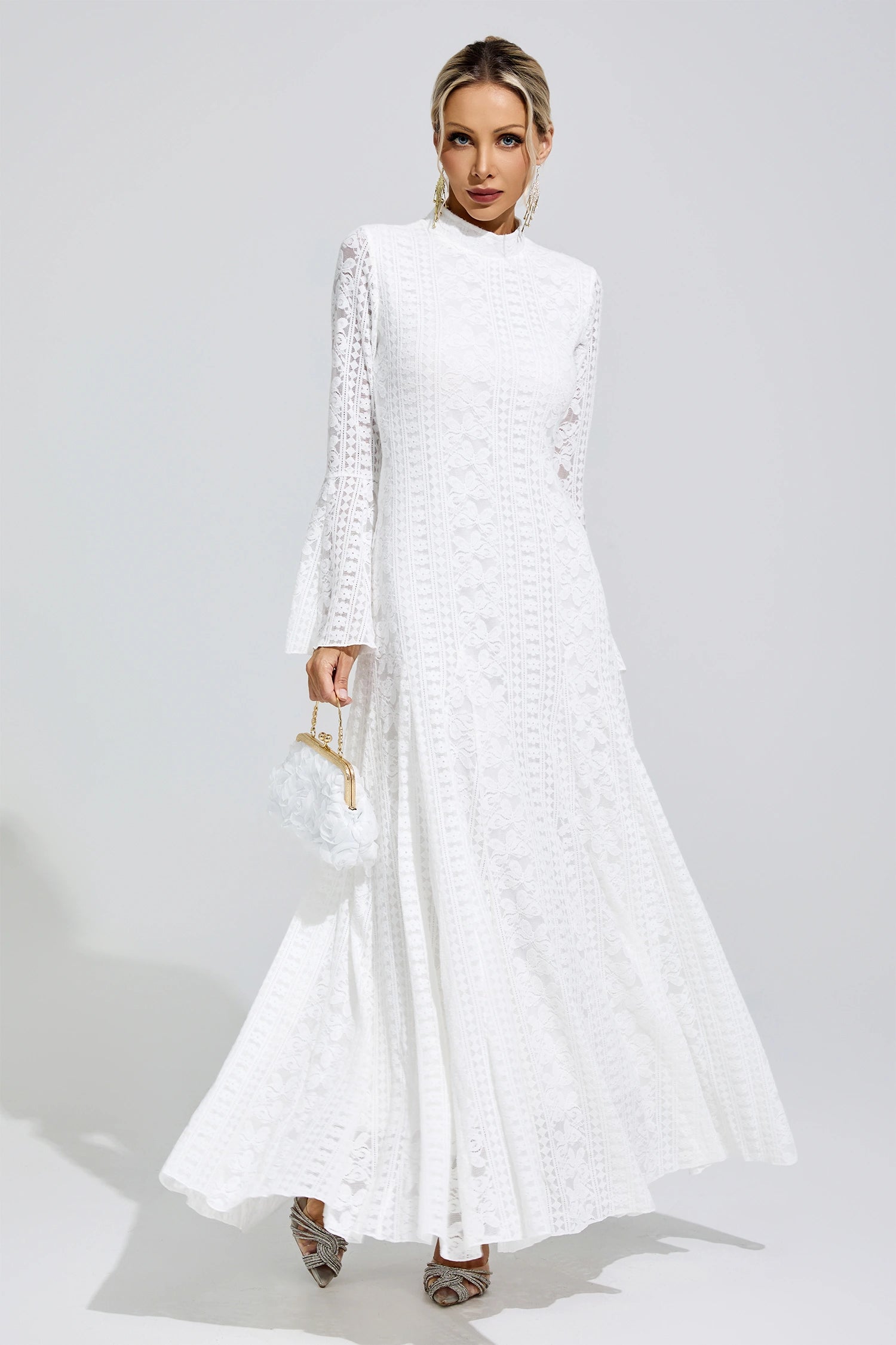 Franka White Flared Sleeve Embroidered Maxi Dress