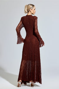 Torvayne Brown Lace Long Sleeve Dress