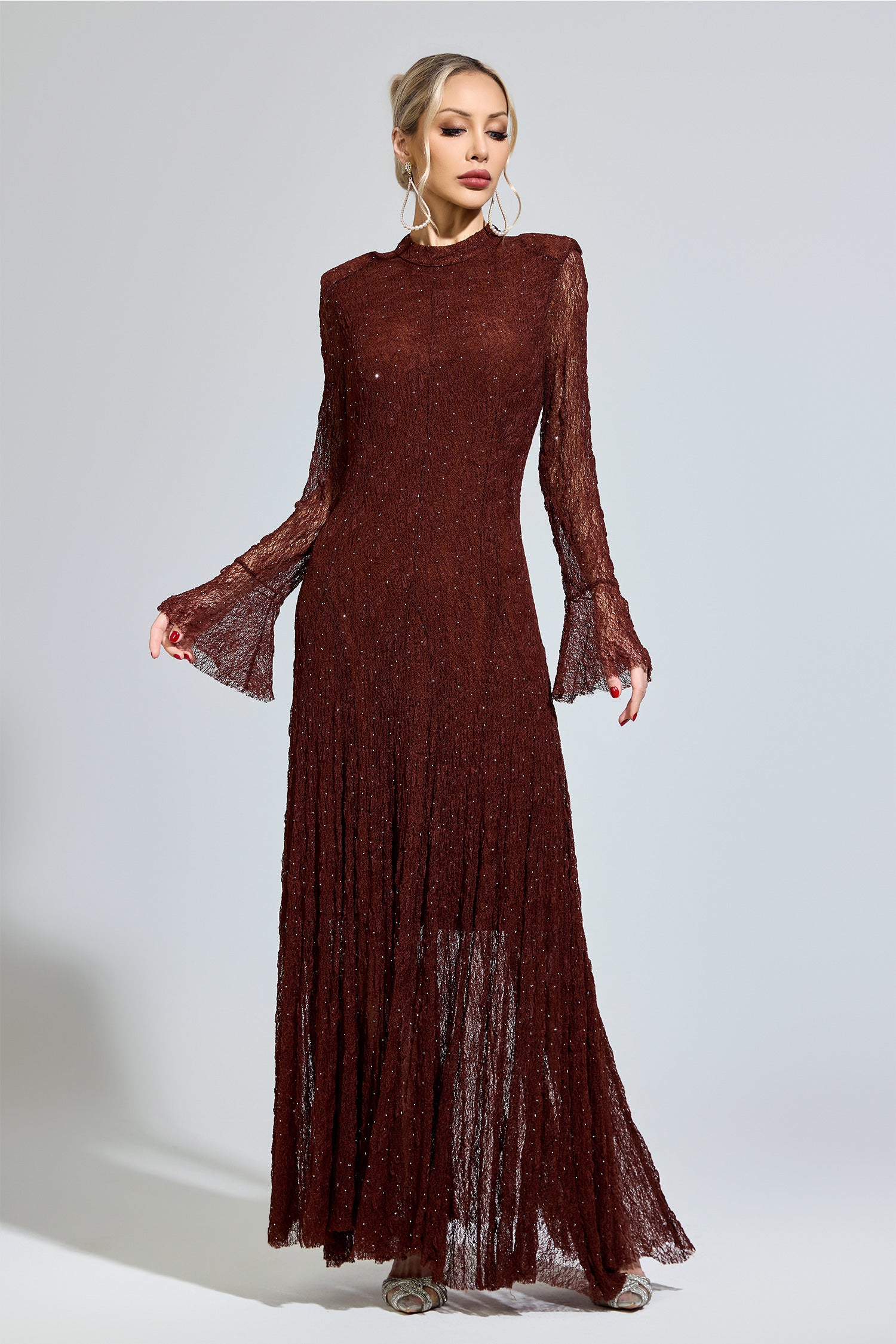 Torvayne Brown Lace Long Sleeve Dress