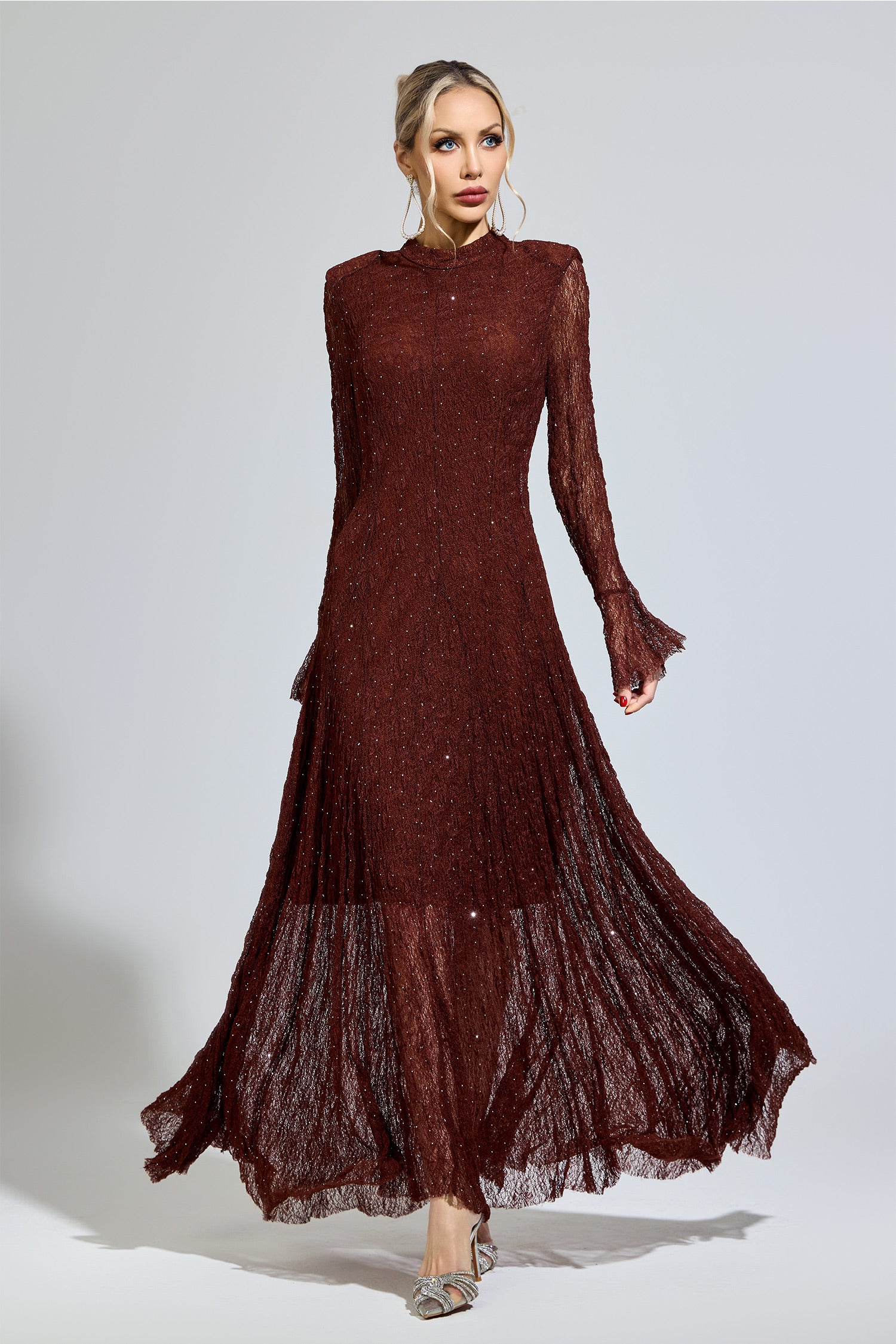 Torvayne Brown Lace Long Sleeve Dress