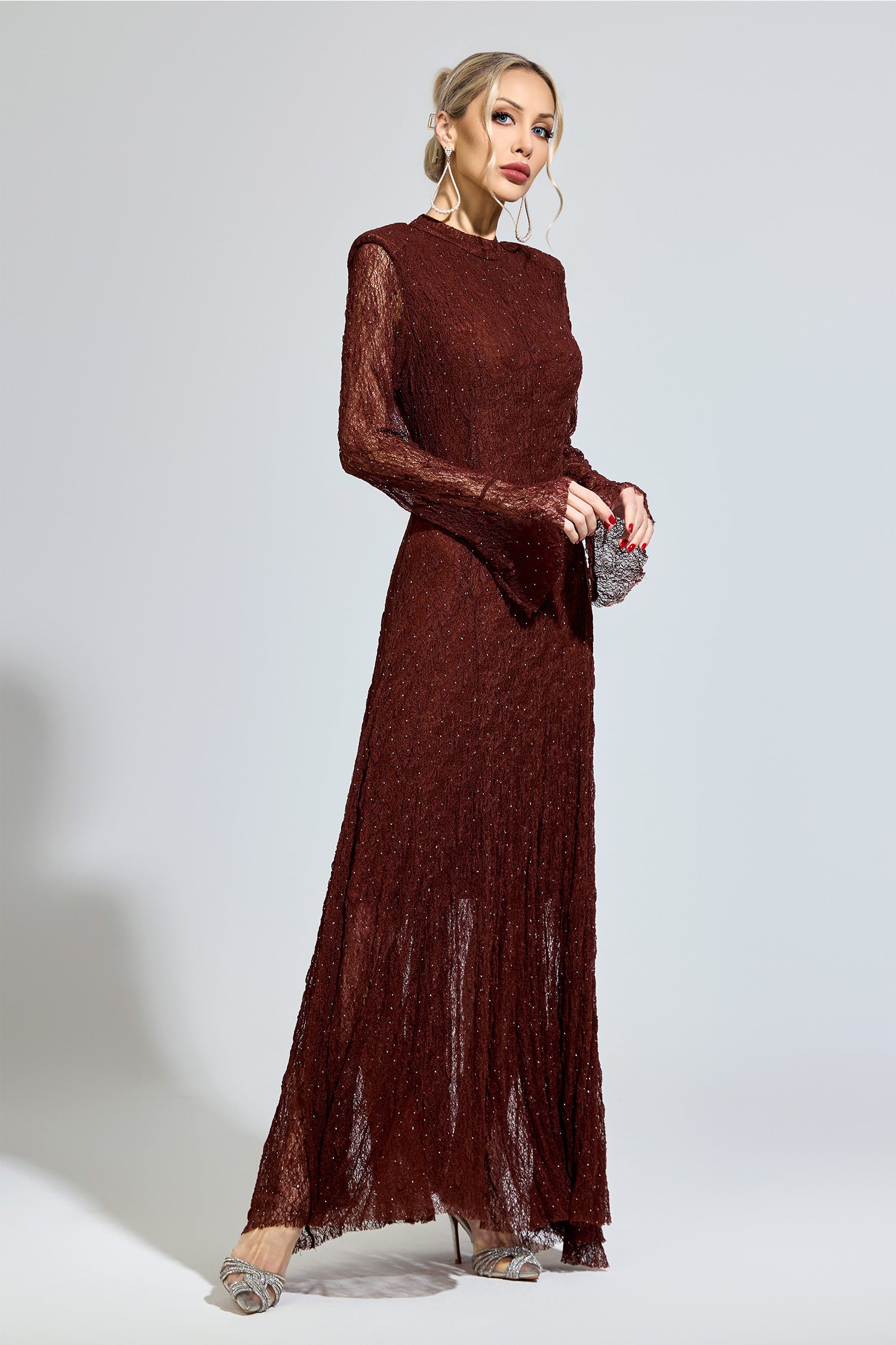 Torvayne Brown Lace Long Sleeve Dress