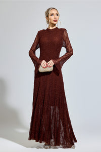 Torvayne Brown Lace Long Sleeve Dress