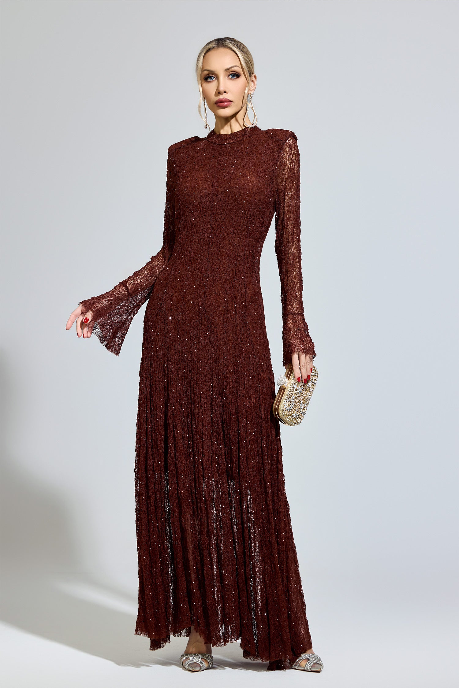 Torvayne Brown Lace Long Sleeve Dress