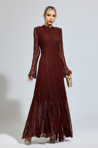 Torvayne Brown Lace Long Sleeve Dress