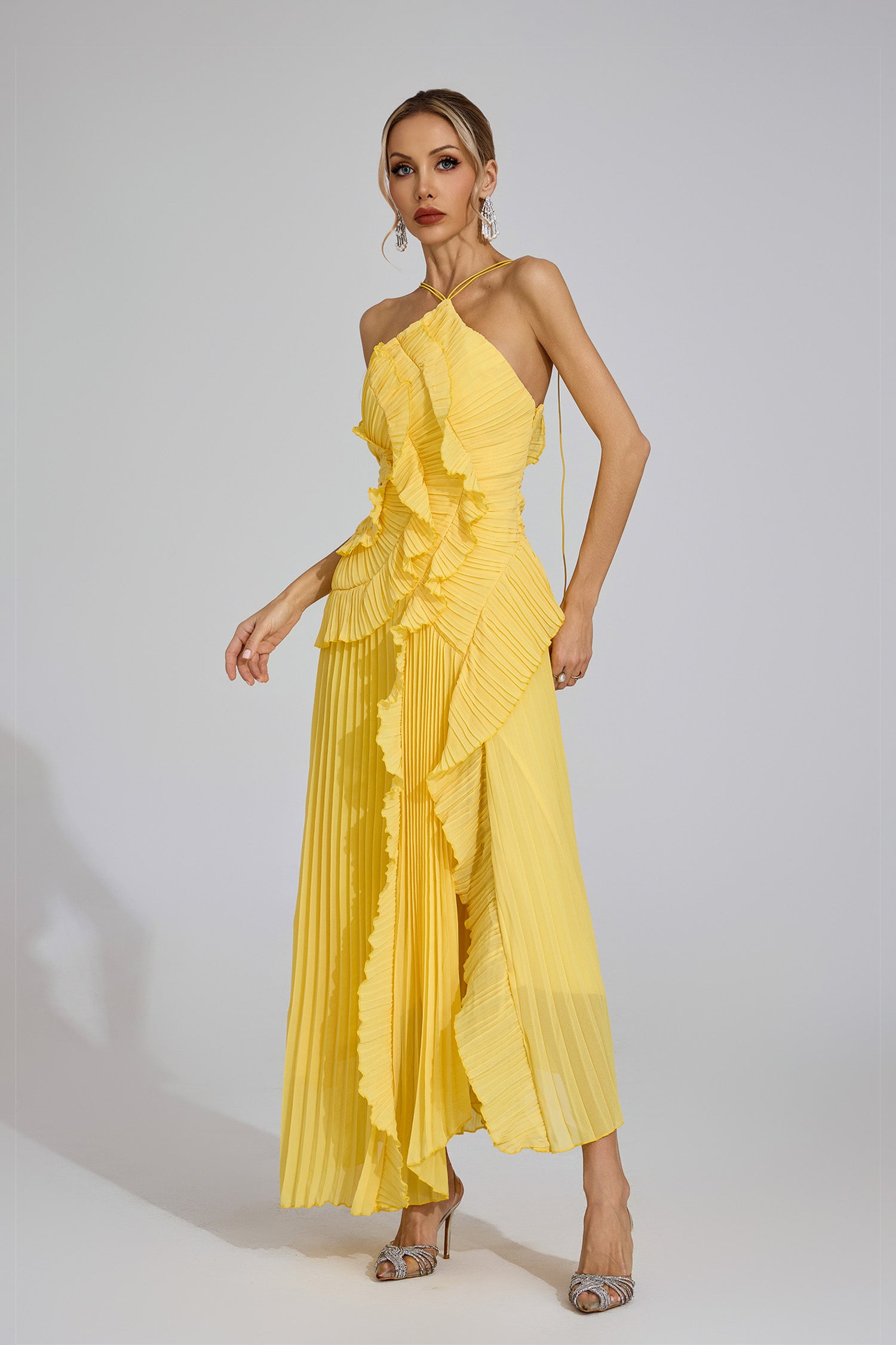 Ballad Asymmetric Pleated Halter Dress