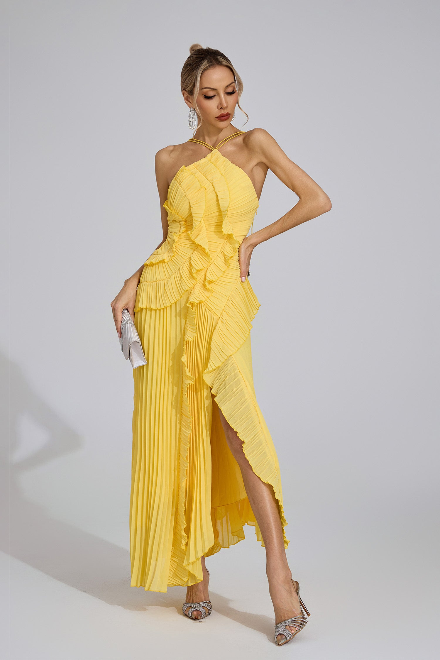 Ballad Asymmetric Pleated Halter Dress