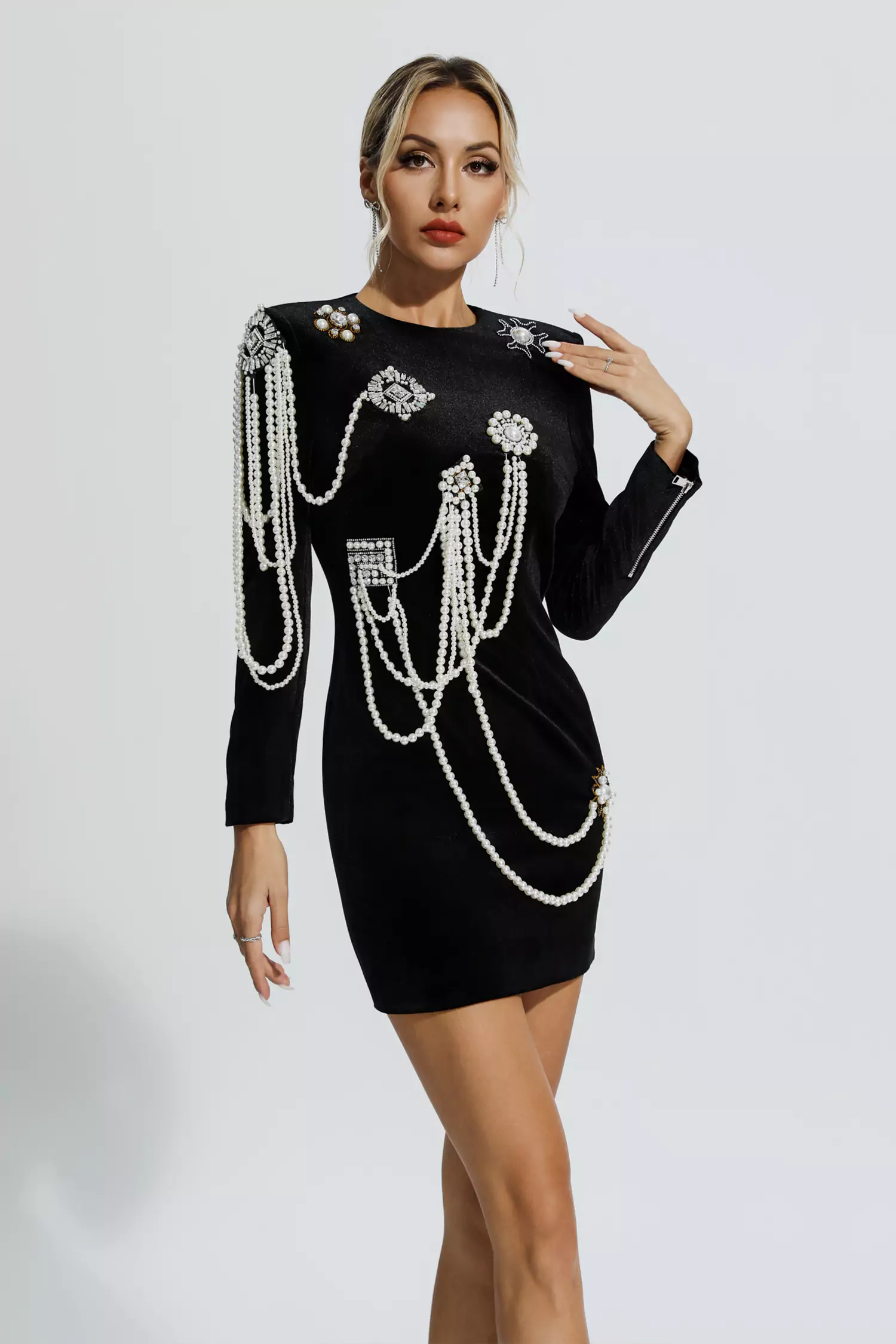 Vira Pearl Embellished Velvet Dress