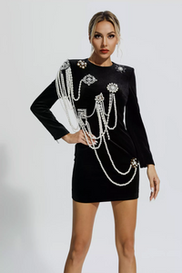 Vira Pearl Embellished Velvet Dress