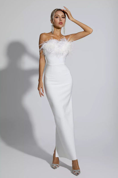 Euopa White Feather Tassel Maxi Dress