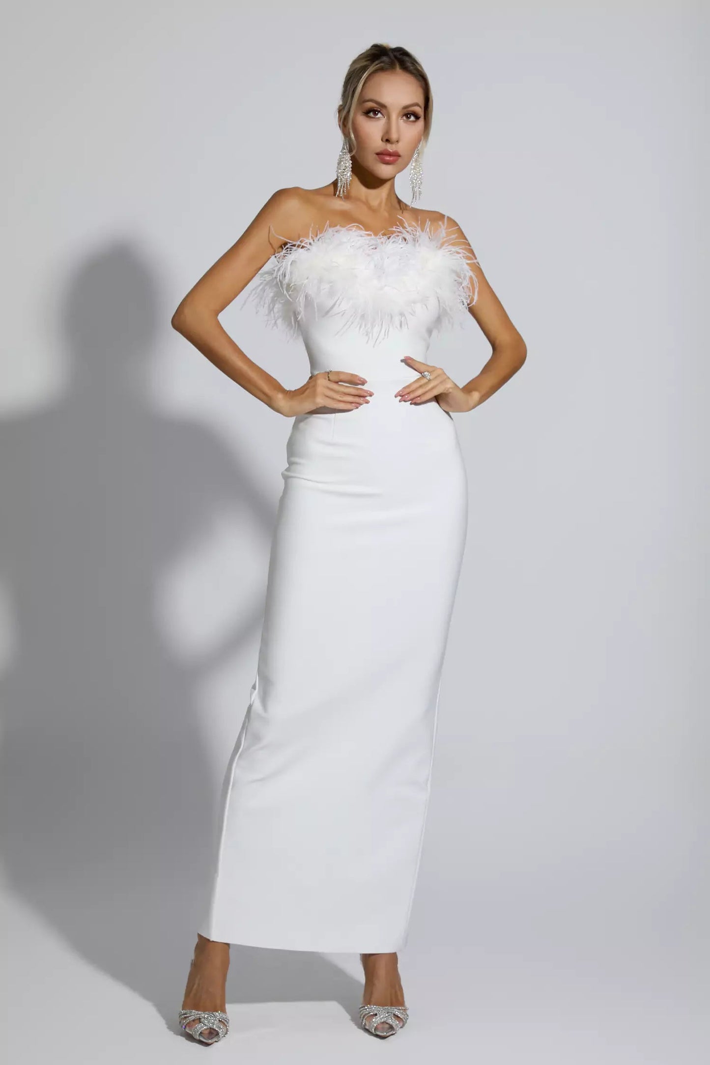 Euopa White Feather Tassel Maxi Dress