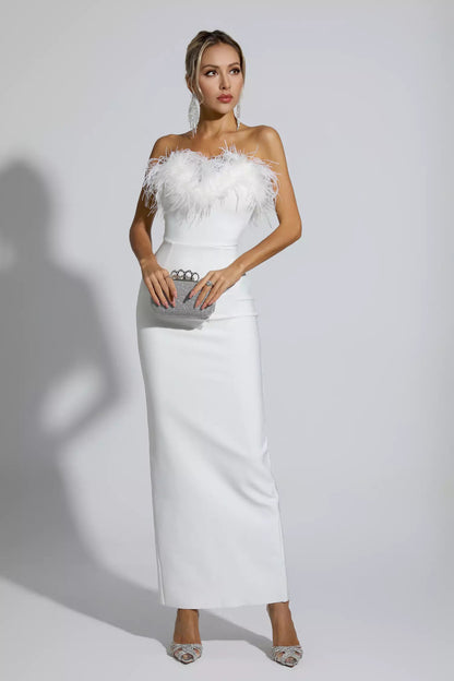 Euopa White Feather Tassel Maxi Dress