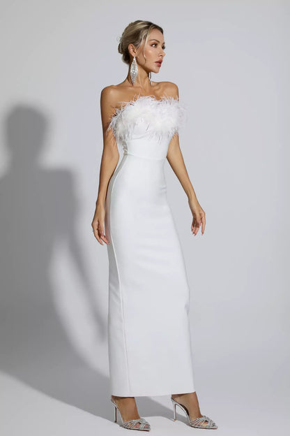 Euopa White Feather Tassel Maxi Dress