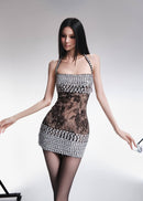 Iskoren Rhinestone-Embellished Halter-Neck Lace Mini Dress