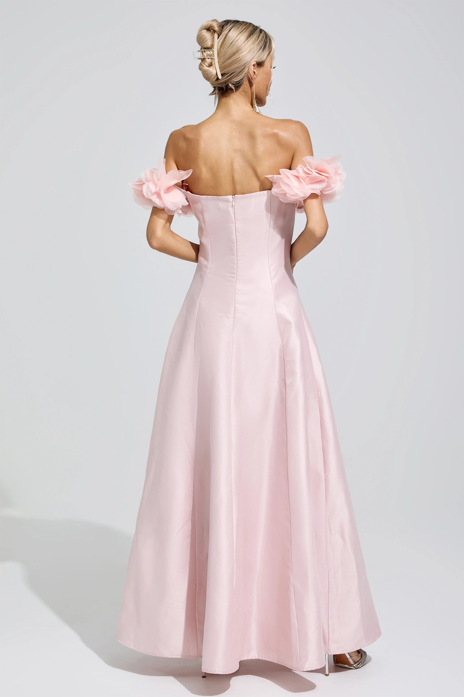 Goneth Pink 3D Floral Strapless Satin Maxi Dress
