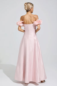 Goneth Pink 3D Floral Strapless Satin Maxi Dress