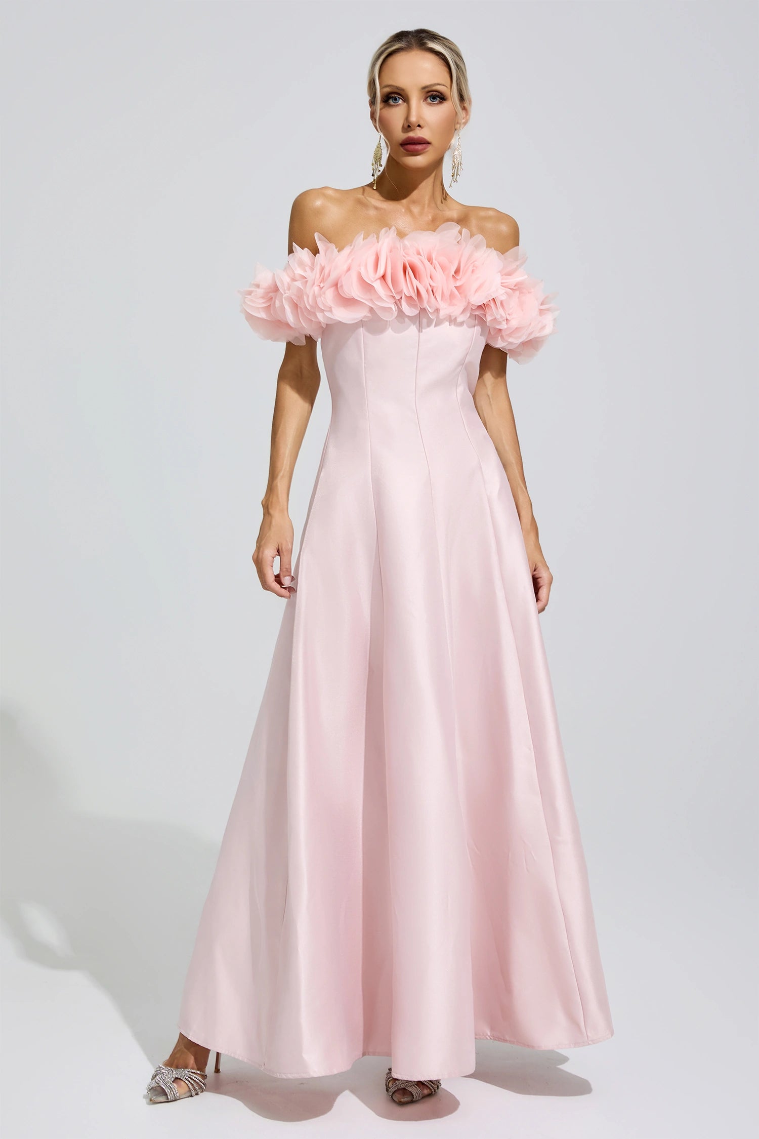 Goneth Pink 3D Floral Strapless Satin Maxi Dress