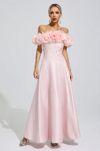 Goneth Pink 3D Floral Strapless Satin Maxi Dress