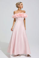 Goneth Pink 3D Floral Strapless Satin Maxi Dress