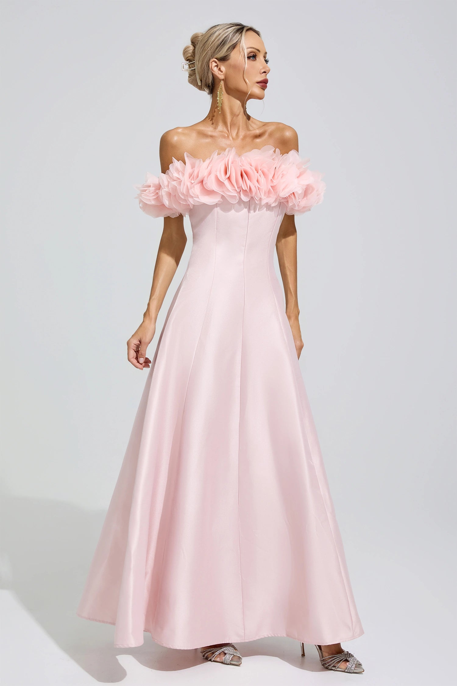Goneth Pink 3D Floral Strapless Satin Maxi Dress
