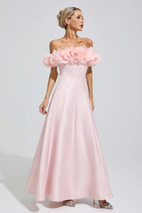 Goneth Pink 3D Floral Strapless Satin Maxi Dress