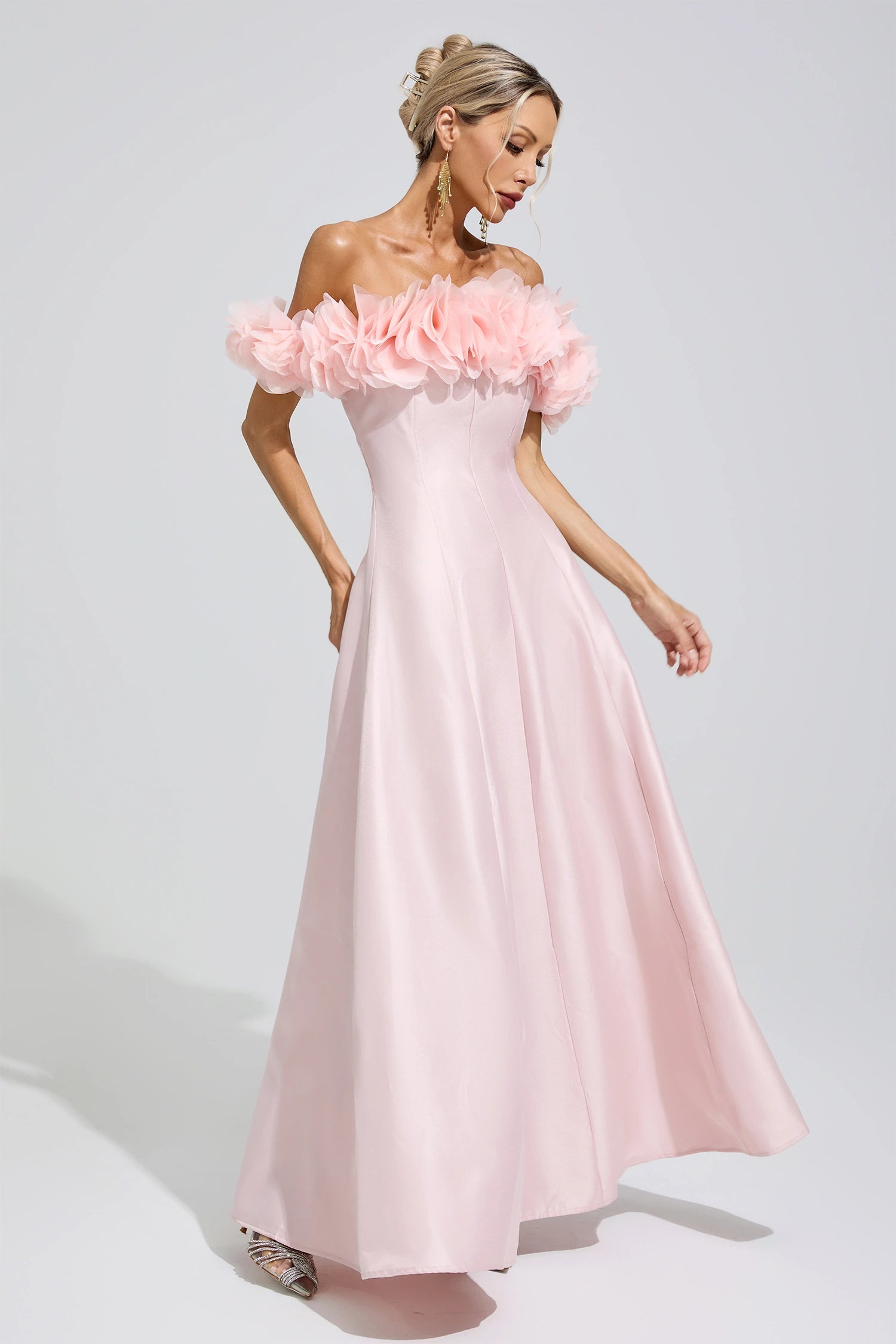 Goneth Pink 3D Floral Strapless Satin Maxi Dress
