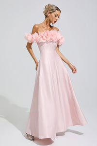 Goneth Pink 3D Floral Strapless Satin Maxi Dress