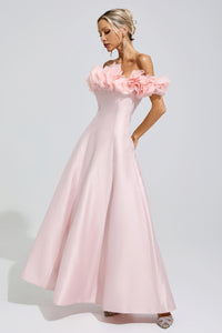 Goneth Pink 3D Floral Strapless Satin Maxi Dress