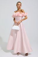 Goneth Pink 3D Floral Strapless Satin Maxi Dress