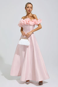 Goneth Pink 3D Floral Strapless Satin Maxi Dress