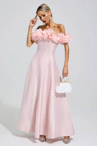 Goneth Pink 3D Floral Strapless Satin Maxi Dress