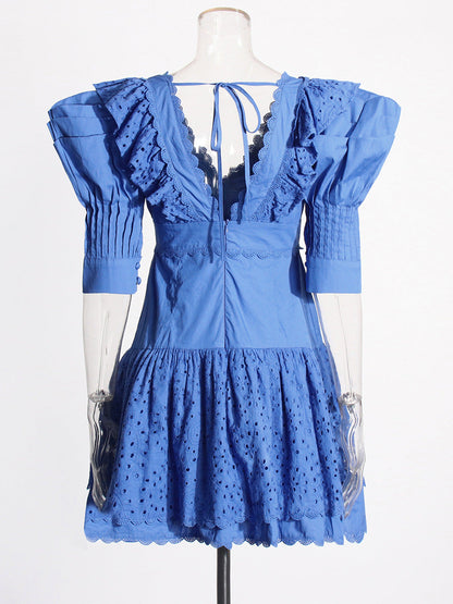 Makoto V-Neck Embroidered Ruffled Mini Dress In Blue