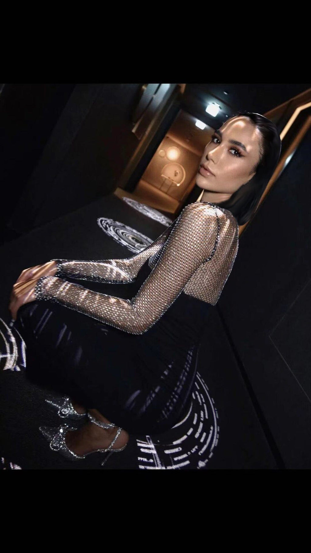 Lombe Long Sleeve Crystal Bandage Midi Dress