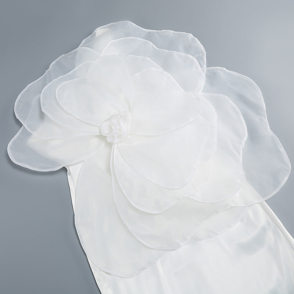 Zayne Mesh Flower One Shoulder Midi Dress In White