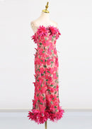 Chasity 3D Flower Embroidery Strapless Midi Dress In Rose Red