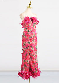 Chasity 3D Flower Embroidery Strapless Midi Dress In Rose Red