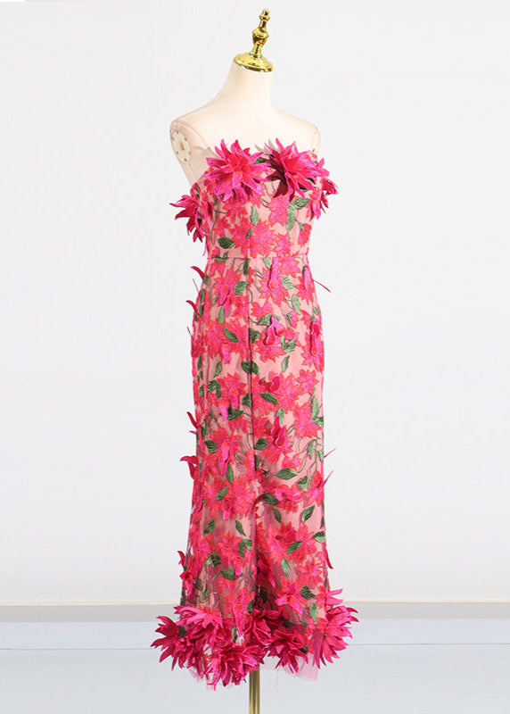 Chasity 3D Flower Embroidery Strapless Midi Dress In Rose Red