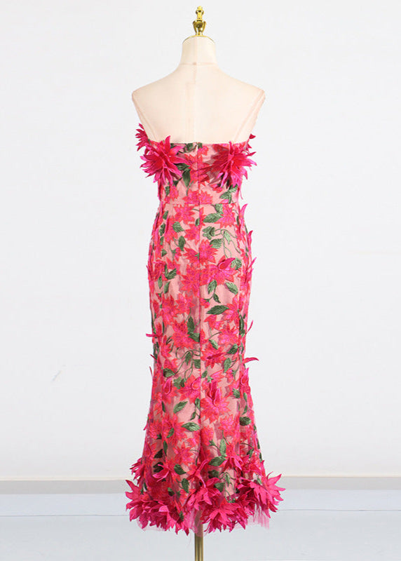 Chasity 3D Flower Embroidery Strapless Midi Dress In Rose Red