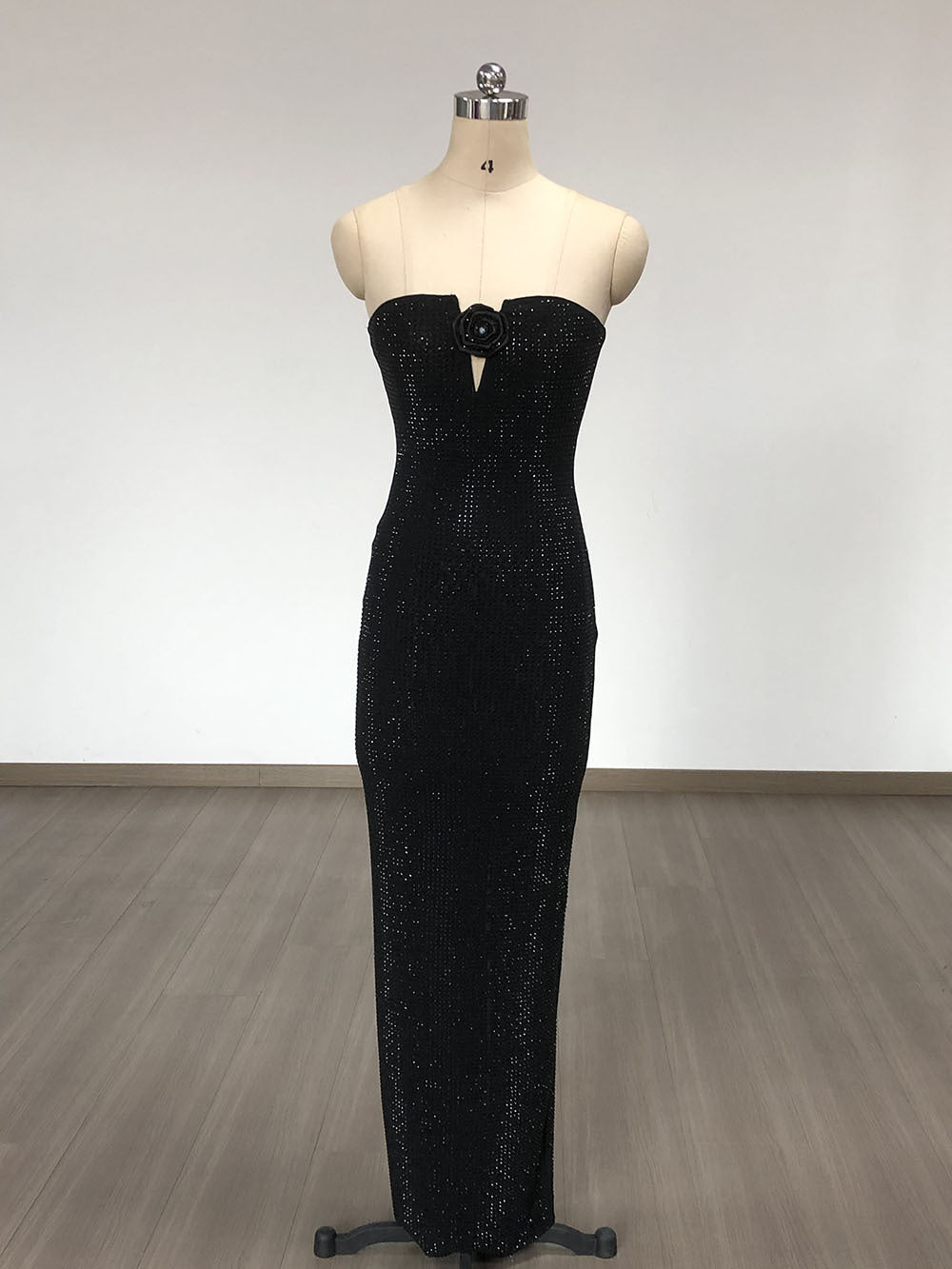 Elyon Strapless Rhinestone Rose Maxi Dress In Black