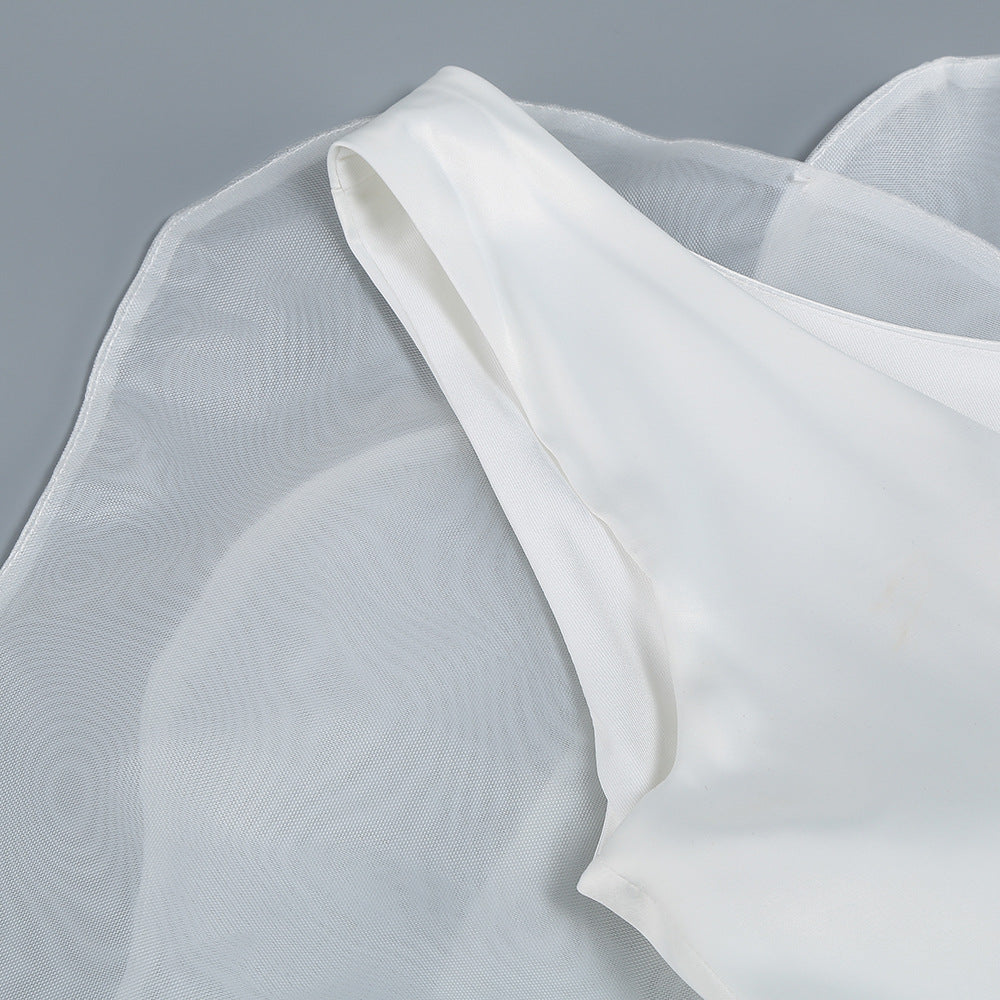 Zayne Mesh Flower One Shoulder Midi Dress In White