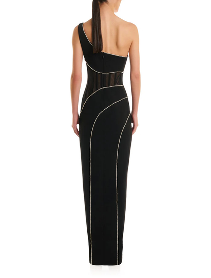 Ozlem Crystal Stripe Embellished One-Shoulder Maxi Dress In Black