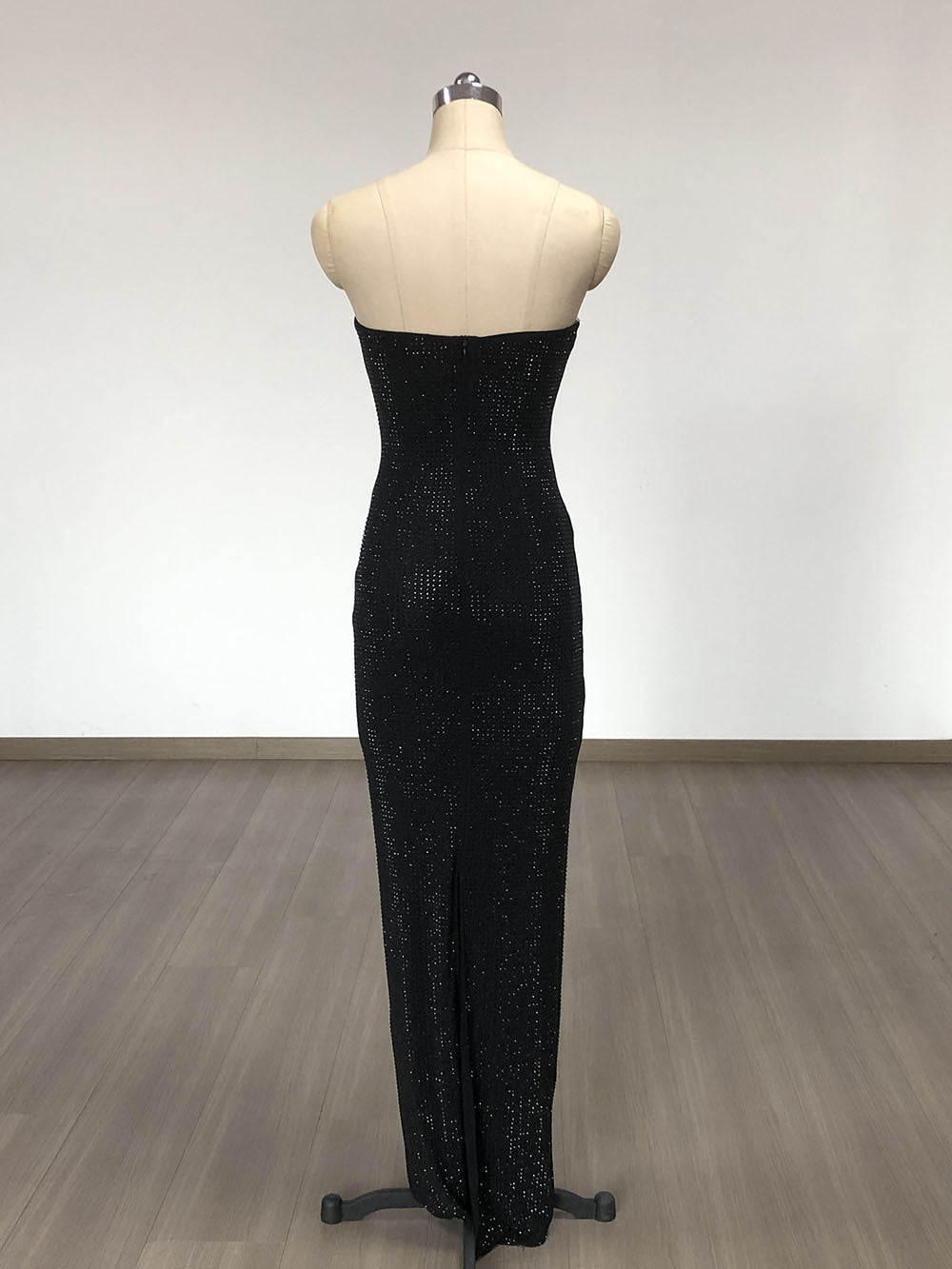 Elyon Strapless Rhinestone Rose Maxi Dress In Black