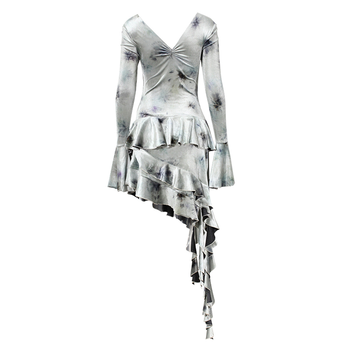 Tazeda Tie Dye Asymmetric Fringe Floral Midi Dress