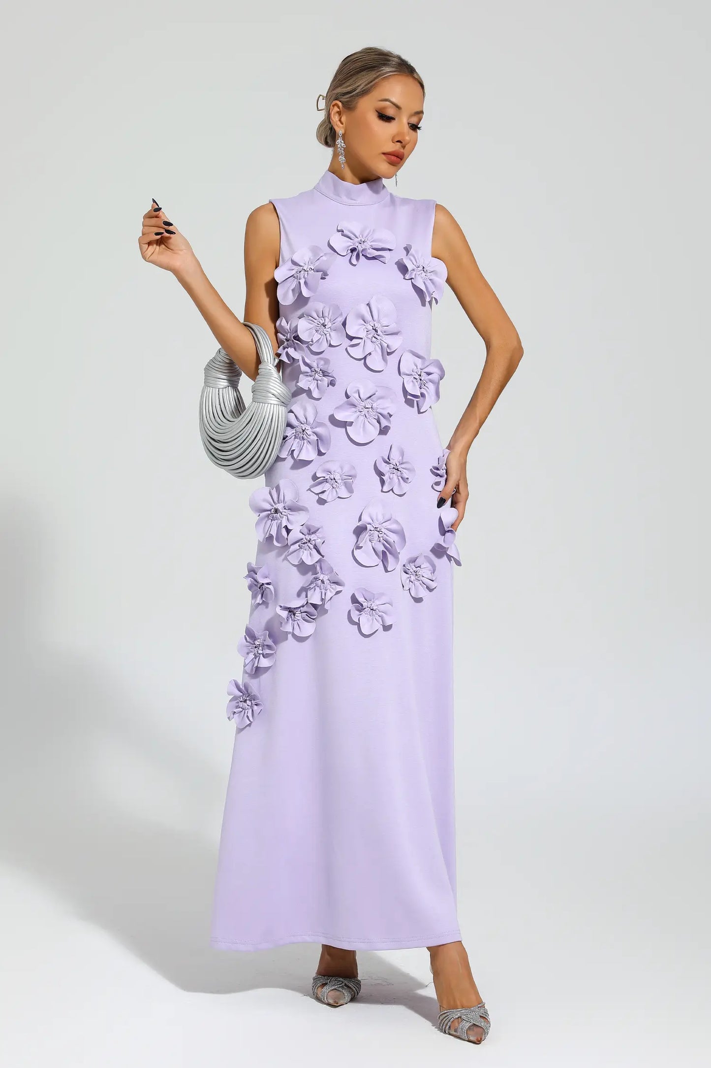 Onions Purple Rose Flower Maxi Dress