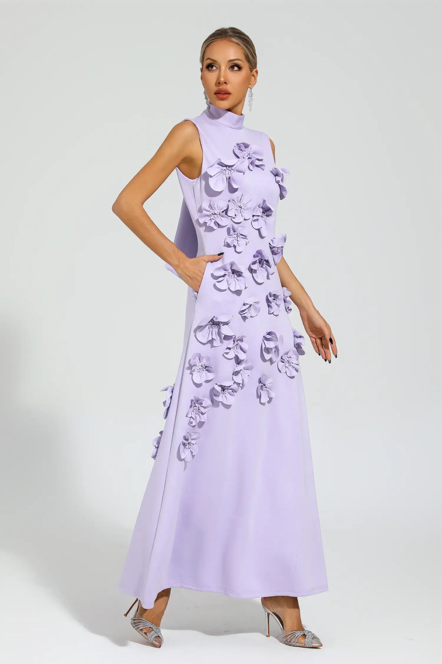 Onions Purple Rose Flower Maxi Dress