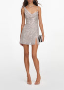 Irvakon Silver Rhinestone Draped Mini Dress