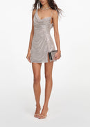 Irvakon Silver Rhinestone Draped Mini Dress