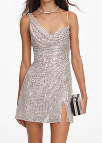 Irvakon Silver Rhinestone Draped Mini Dress