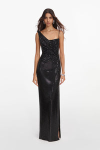 Saldex Black Rhinestone Draped Maxi Dress