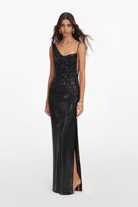 Saldex Black Rhinestone Draped Maxi Dress
